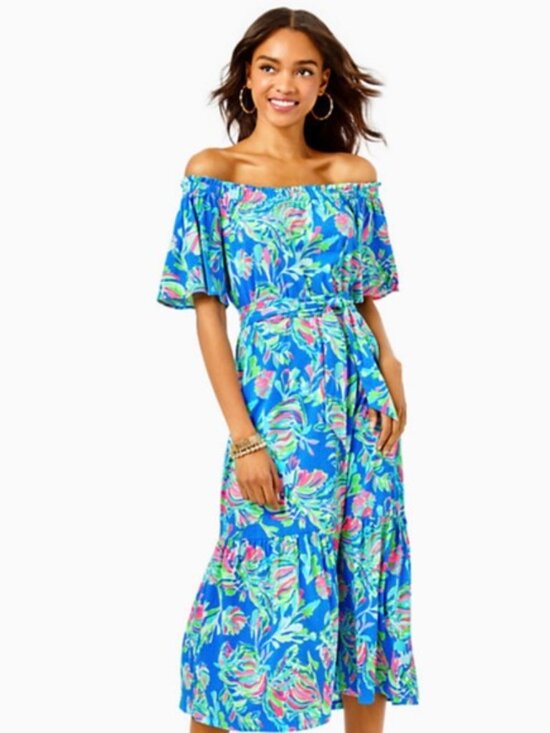Lilly Pulitzer Dresses & Skirts - NWT Lilly Pulitzer Merle Off Shoulder Midi Dress Blue Fare Fancy Fins XL